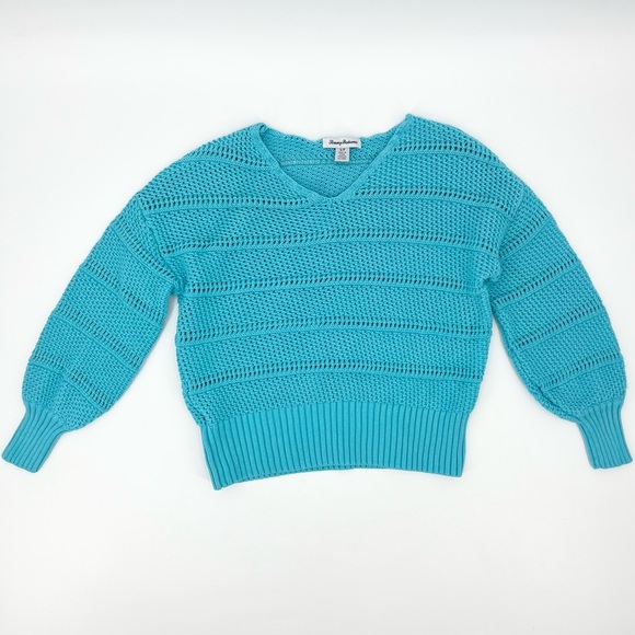 Tommy Bahama Blue Cotton Open Knit V-Neck Bishop Sleeve Pullover Sweater - Picture 1 of 8